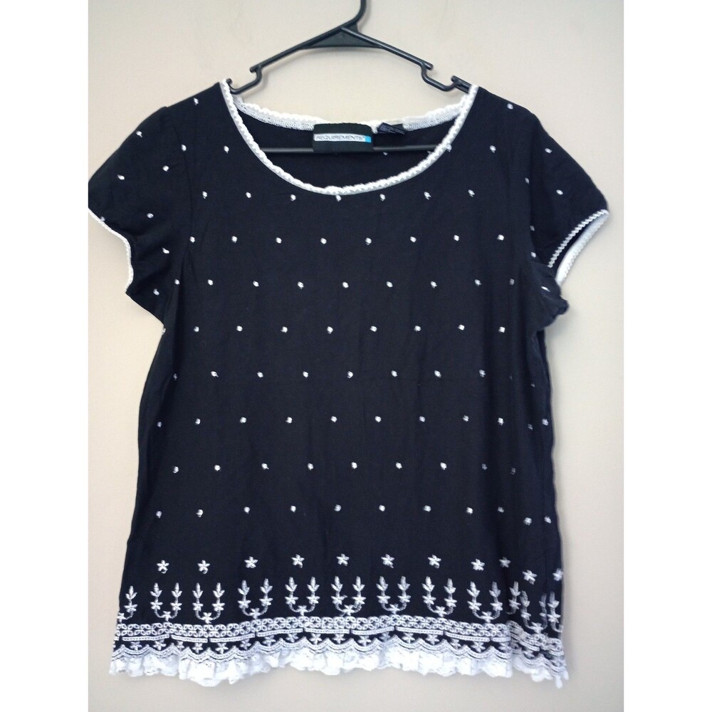 Requirements Black Short Sleeve Embroidered Design Lace Trim Collar Hem Size M